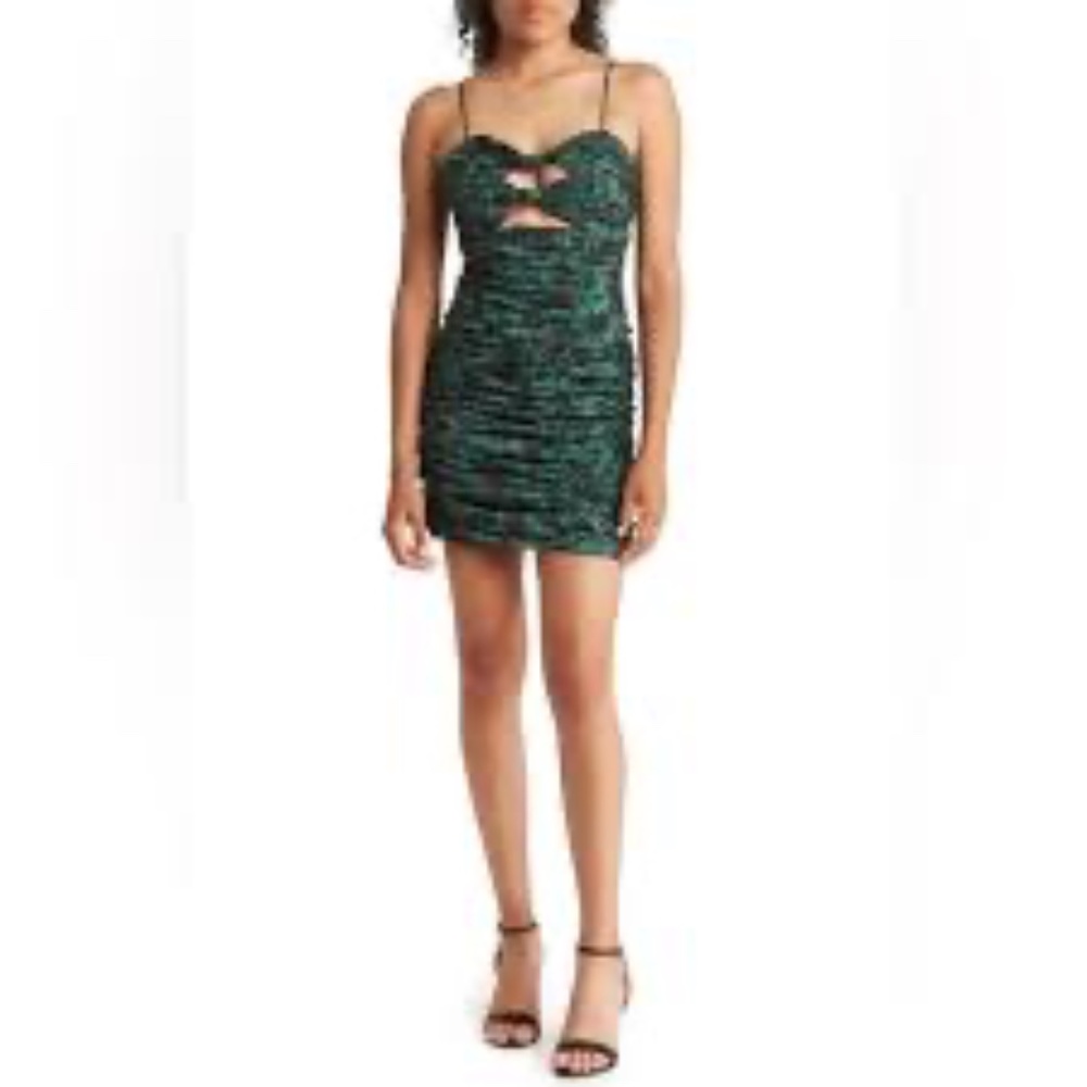 NSR Floral Cutout Ruched Minidress Green and Black